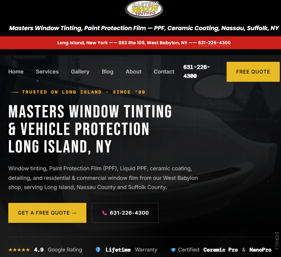 Masters Window Tinting website homepage designed and optimized by The Ads Projekt